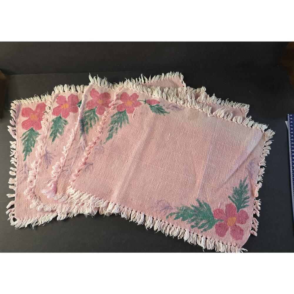 Vintage Pink Handpainted Floral Cotton Placemats Set 4 Fringe Table Dining Craft